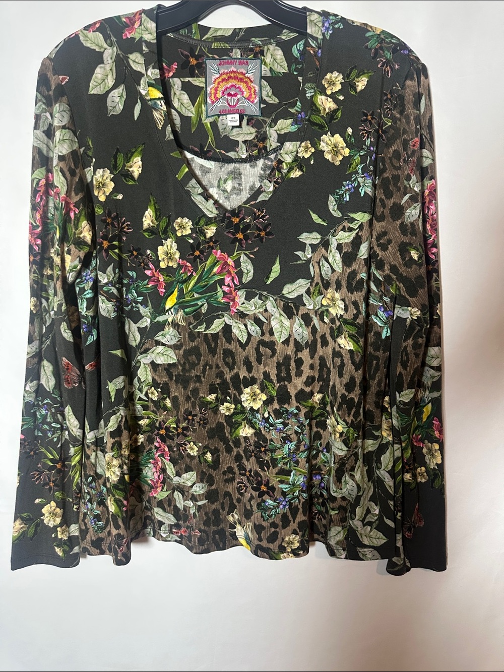 Johnny Was Black Floral & Leopard-Print V-Neck Long Sleeve Top